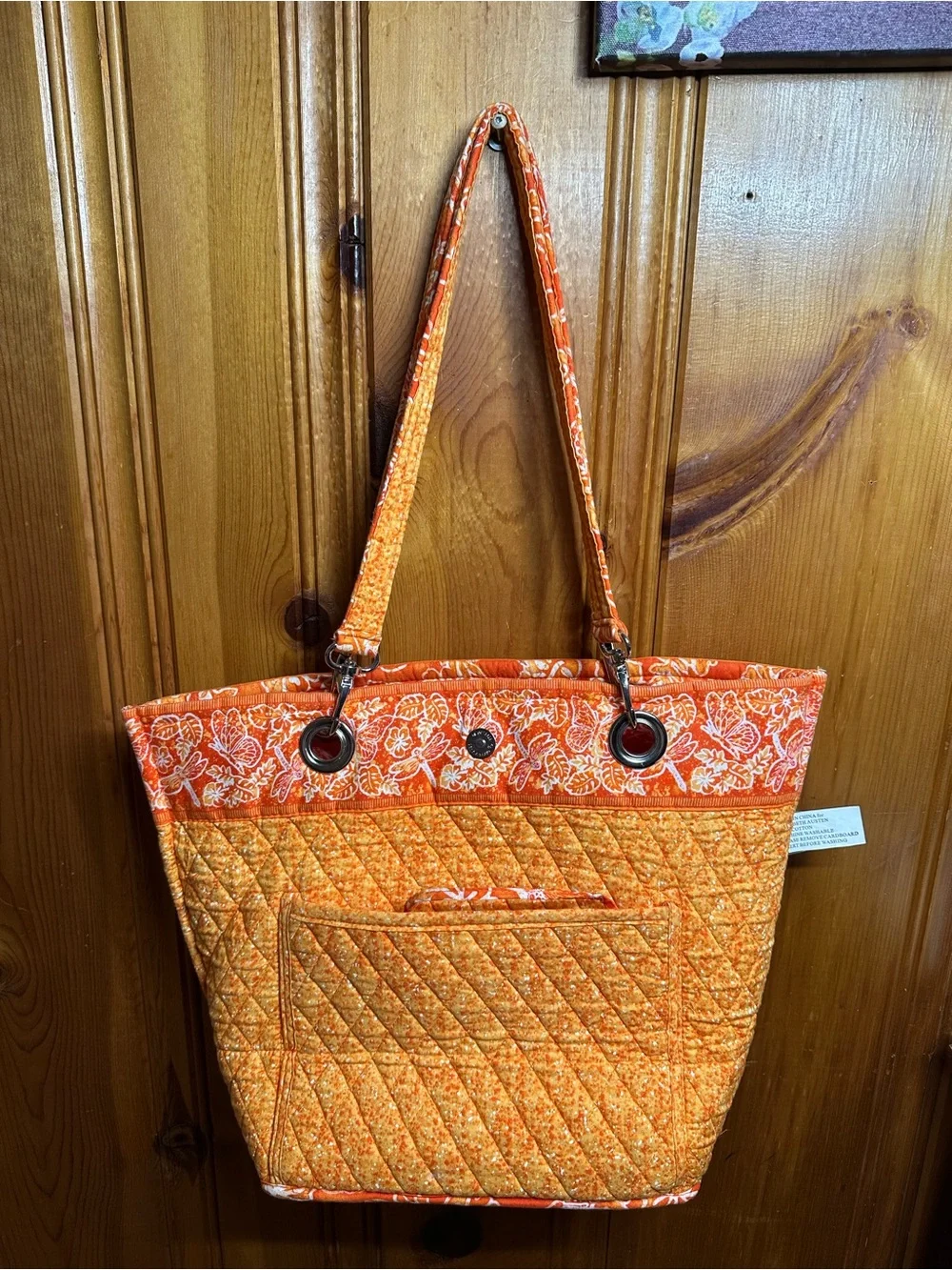 Quilted Orange Floral-Trim Tote Bag - Women's Shoulder Tote - Picture 2 of 14